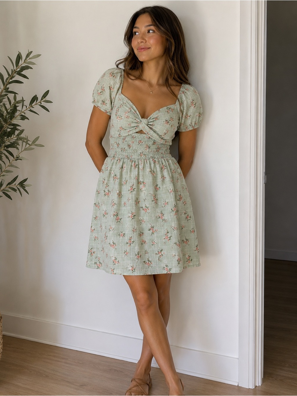 Inspire Mint Green Floral Knot-Front Puff Sleeve Mini Dress